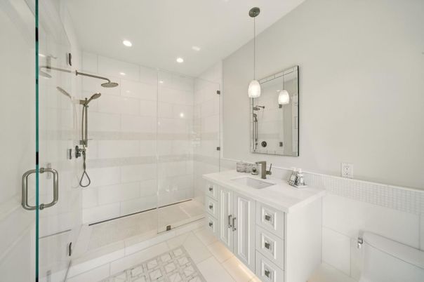 Bathroom, Dual Sink Vanities, Glass Shower, Interior, Pendant Lights, Recessed Lighting
