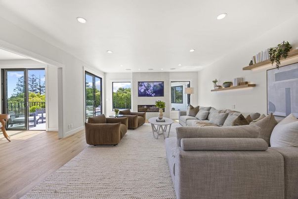 Fireplace, Interior, Living room, Recessed Lighting, Wood Texture Flooring