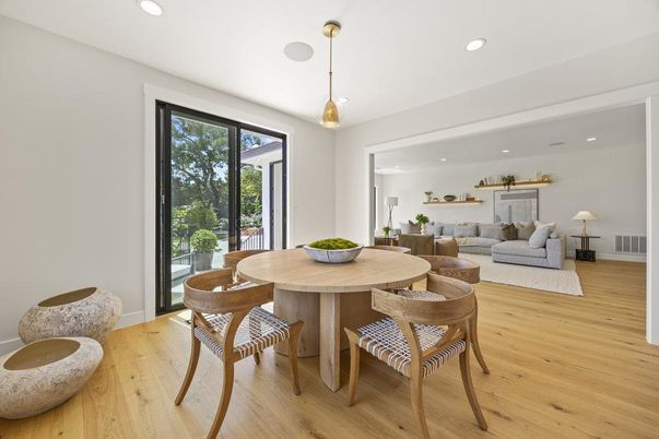 Dining room, Interior, Living room, Pendant Lights, Recessed Lighting, Wood Texture Flooring
