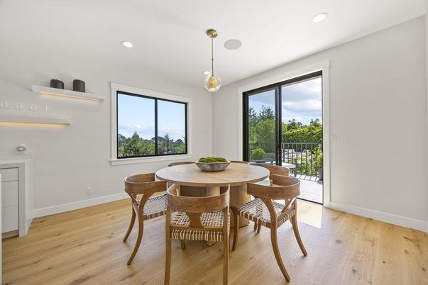 Dining room, Interior, Pendant Lights, Recessed Lighting, Wood Texture Flooring