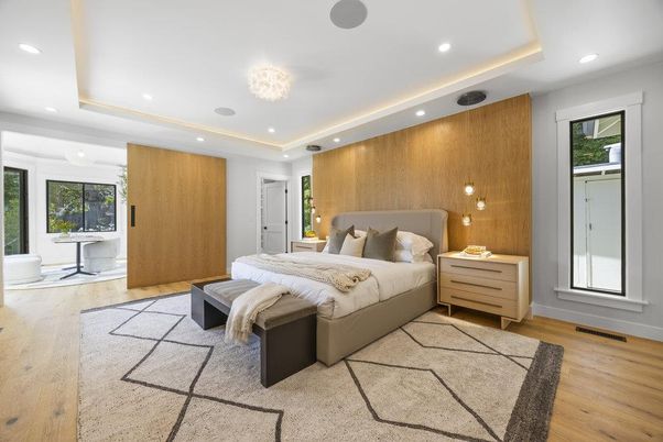 Bedroom, Chandelier, Interior, Recessed Lighting, Wood Texture Flooring, Wooden Walls