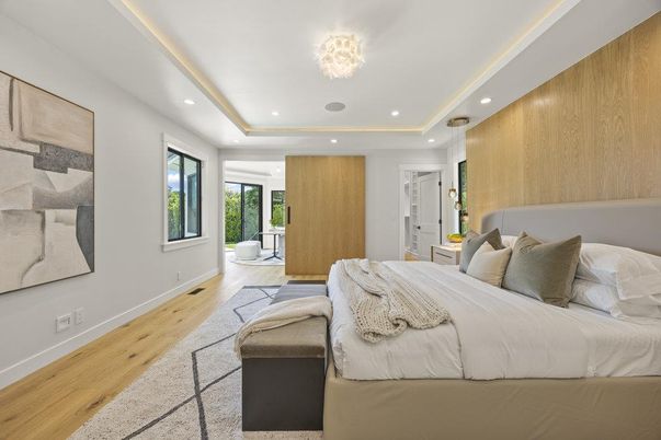 Bedroom, Chandelier, Interior, Recessed Lighting, Wood Texture Flooring