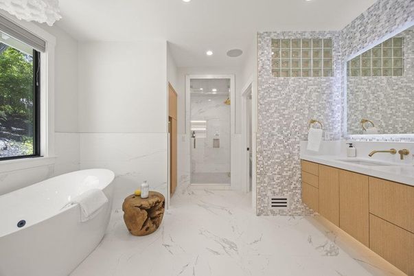 Bathroom, Glass Shower, Interior, Marble, Marble Walls, Recessed Lighting