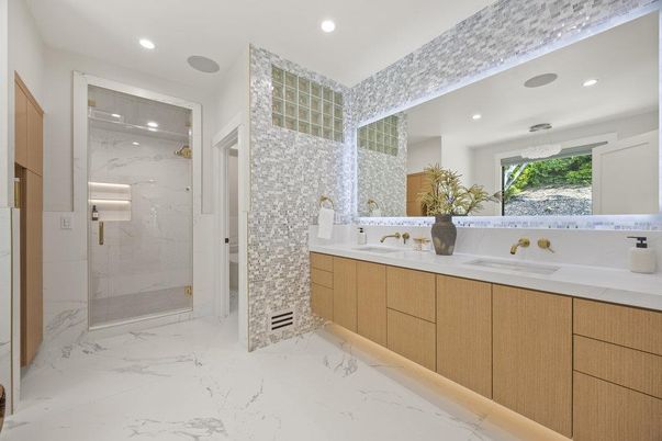 Bathroom, Dual Sink Vanities, Glass Shower, Interior, Marble, Marble Walls, Recessed Lighting