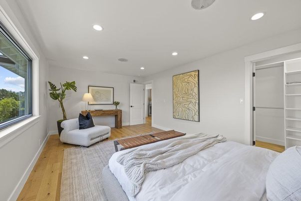 Bedroom, Interior, Recessed Lighting, Wood Texture Flooring