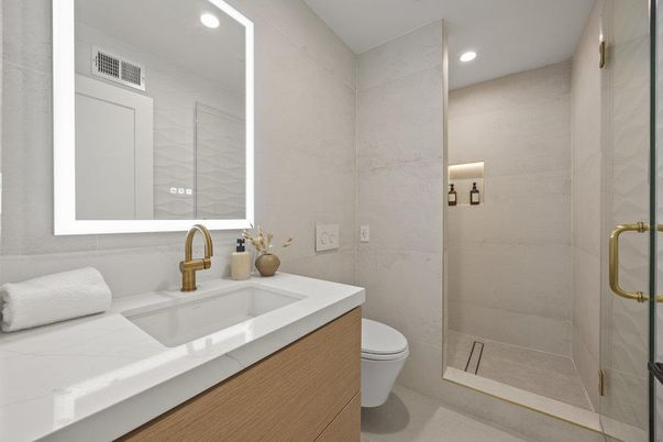 Bathroom, Glass Shower, Interior, Recessed Lighting