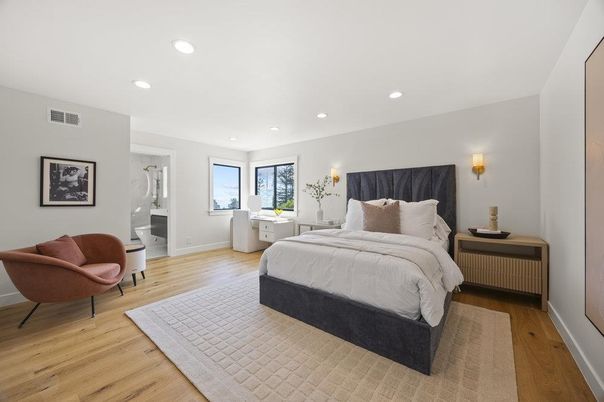 Bedroom, Interior, Recessed Lighting, Wood Texture Flooring
