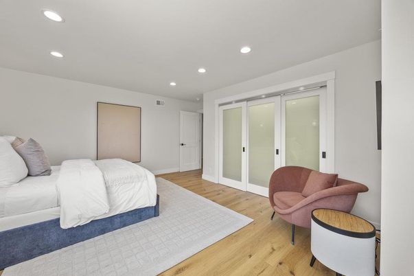 Bedroom, Interior, Recessed Lighting, Wood Texture Flooring