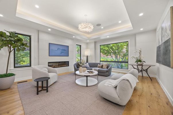 Chandelier, Fireplace, Interior, Living room, Recessed Lighting, Wood Texture Flooring