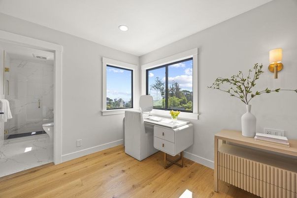 Home Office, Interior, Marble, Marble Walls, Recessed Lighting, Wood Texture Flooring