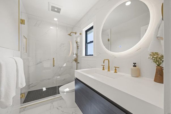 Bathroom, Glass Shower, Interior, Marble, Marble Walls, Recessed Lighting