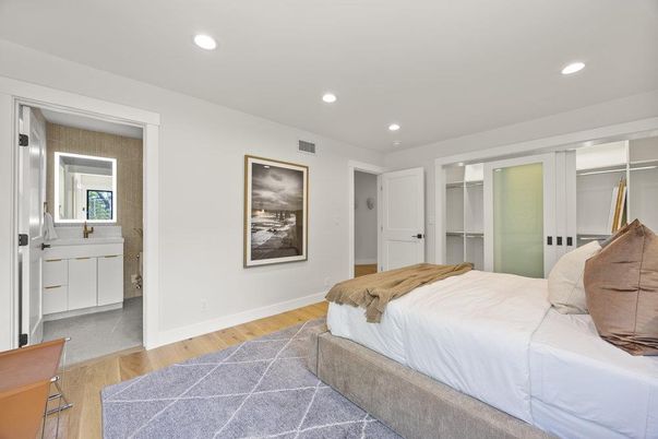 Bedroom, Interior, Recessed Lighting, Wood Texture Flooring