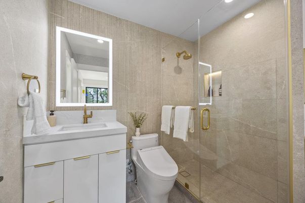 Bathroom, Glass Shower, Interior, Recessed Lighting