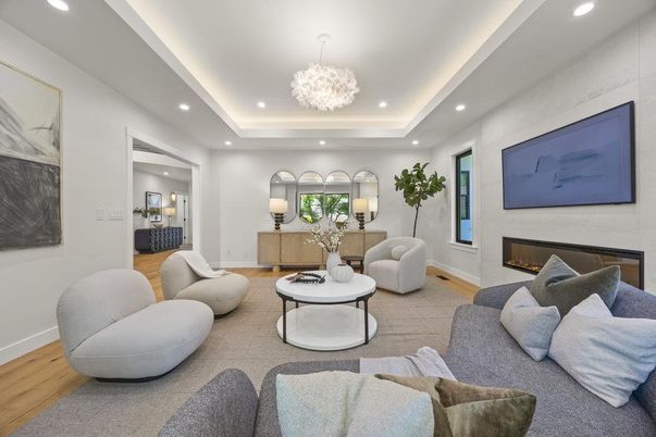 Chandelier, Fireplace, Interior, Living room, Recessed Lighting, Wood Texture Flooring