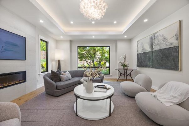 Chandelier, Fireplace, Interior, Living room, Recessed Lighting, Wood Texture Flooring