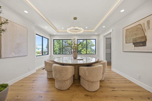 Dining room, Interior, Pendant Lights, Recessed Lighting, Wood Texture Flooring