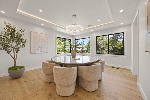 Dining room, Interior, Pendant Lights, Recessed Lighting, Wood Texture Flooring