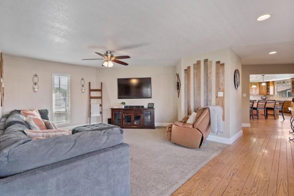 Dining room, Interior, Living room, Recessed Lighting, Wood Texture Flooring