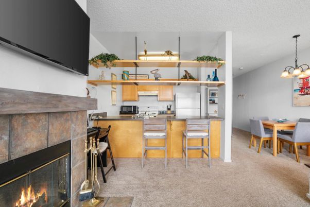 Dining room, Fireplace, Interior, Kitchen, Pendant Lights