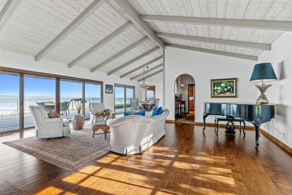 Chandelier, Dining room, Interior, Living room, Pendant Lights, Piano, Water, Wooden Beams, Wood Texture Flooring