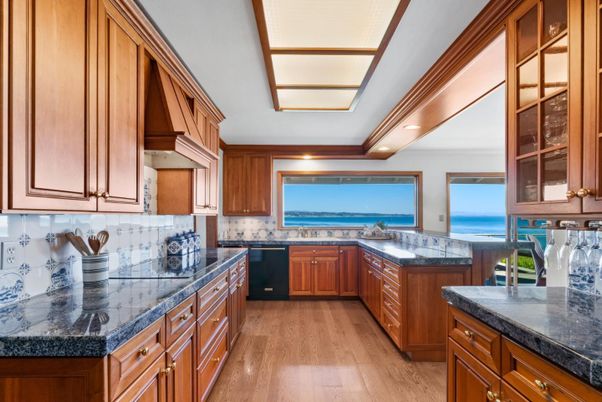 Interior, Kitchen, Recessed Lighting, Tile Countertops, Water, Wood Texture Flooring