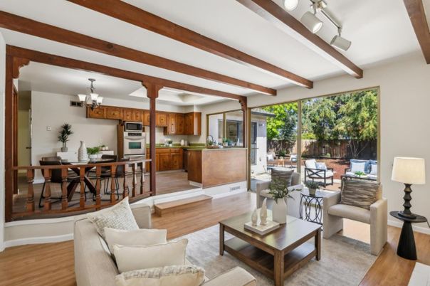 Chandelier, Interior, Kitchen, Living room, Stainless Steel Appliances, Wooden Beams, Wood Texture Flooring