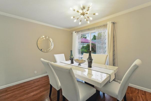 Dining room, Interior, Pendant Lights, Wood Texture Flooring