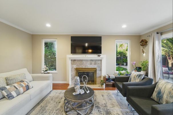 Fireplace, Interior, Living room, Recessed Lighting, Wood Texture Flooring