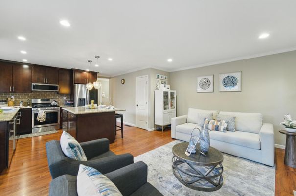 Interior, Kitchen, Living room, Pendant Lights, Recessed Lighting, Stainless Steel Appliances, Wood Texture Flooring