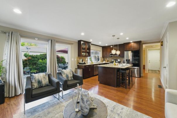 Interior, Kitchen, Living room, Pendant Lights, Recessed Lighting, Stainless Steel Appliances, Wood Texture Flooring