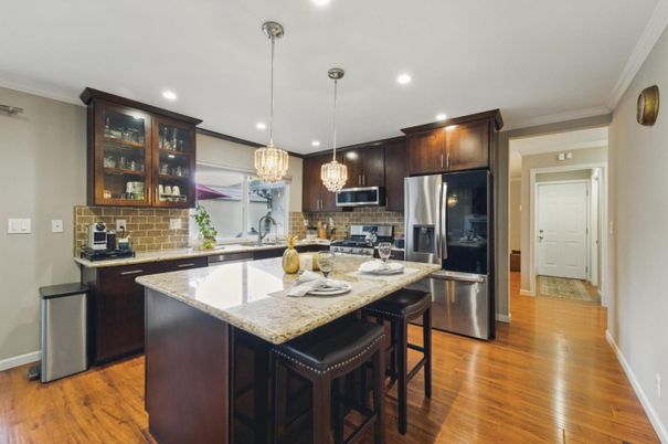 Interior, Kitchen, Pendant Lights, Recessed Lighting, Stainless Steel Appliances, Wood Texture Flooring