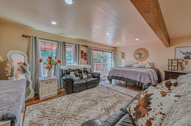 Bedroom, Interior, Recessed Lighting, Wooden Beams, Wood Texture Flooring