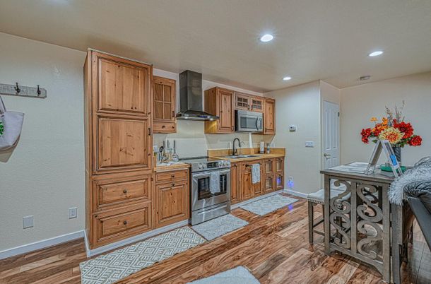 Interior, Kitchen, Recessed Lighting, Stainless Steel Appliances, Wood Texture Flooring