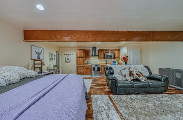 Interior, Kitchen, Recessed Lighting, Stainless Steel Appliances, Wood Texture Flooring