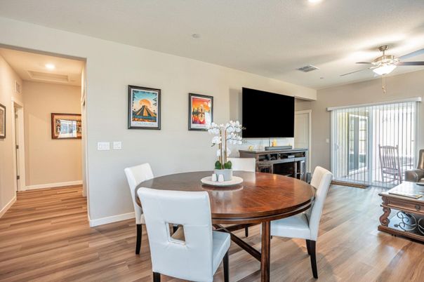 Dining room, Interior, Recessed Lighting, Wood Texture Flooring