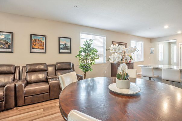 Dining room, Interior, Recessed Lighting, Wood Texture Flooring