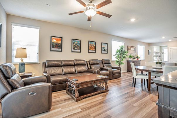 Dining room, Interior, Living room, Recessed Lighting, Wood Texture Flooring