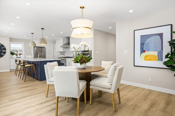 Dining room, Interior, Kitchen, Pendant Lights, Recessed Lighting, Stainless Steel Appliances, Wood Texture Flooring