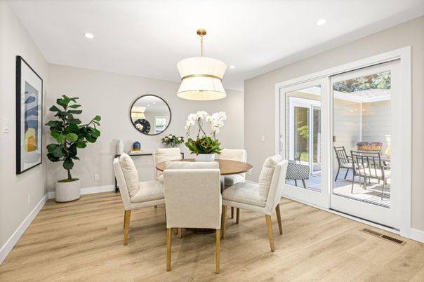Dining room, Interior, Recessed Lighting, Wood Texture Flooring