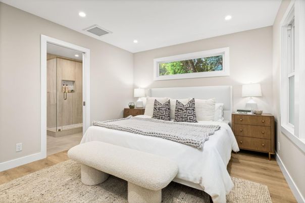 Bedroom, Interior, Recessed Lighting, Wood Texture Flooring