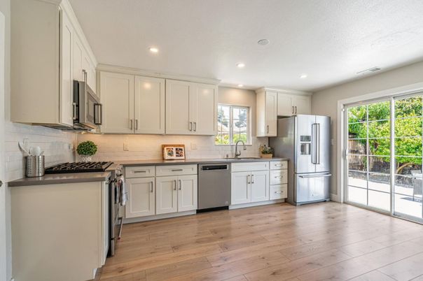 Interior, Kitchen, Recessed Lighting, Stainless Steel Appliances, Wood Texture Flooring