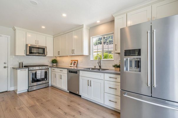 Interior, Kitchen, Recessed Lighting, Stainless Steel Appliances, Wood Texture Flooring