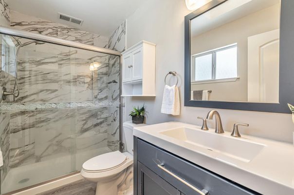 Bathroom, Glass Shower, Interior, Marble Walls, Wood Texture Flooring