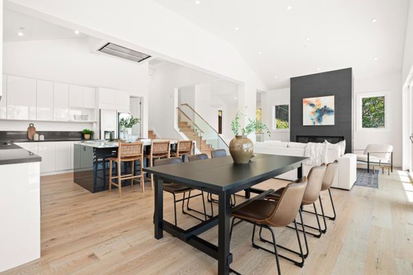 Dining room, Interior, Kitchen, Living room, Recessed Lighting, Wood Texture Flooring