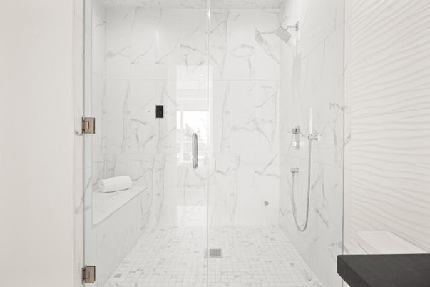 Bathroom, Glass Shower, Interior, Marble Walls