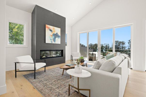 Fireplace, Interior, Living room, Recessed Lighting, Wood Texture Flooring