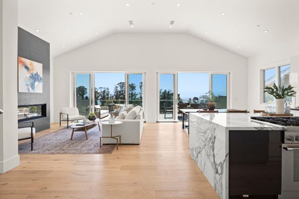 Fireplace, Interior, Kitchen, Living room, Recessed Lighting, Wood Texture Flooring