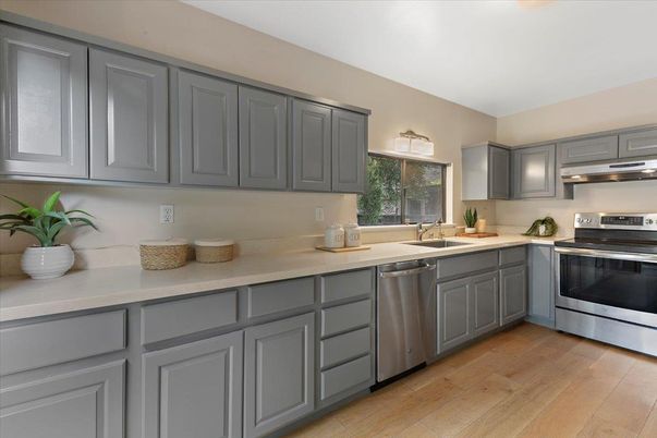 Interior, Kitchen, Stainless Steel Appliances, Wood Texture Flooring
