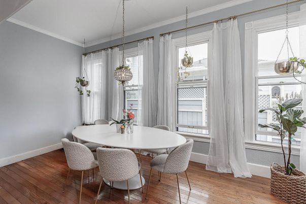 Dining room, Interior, Pendant Lights, Wood Texture Flooring