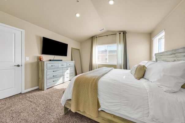 Bedroom, Interior, Recessed Lighting, Wood Texture Flooring